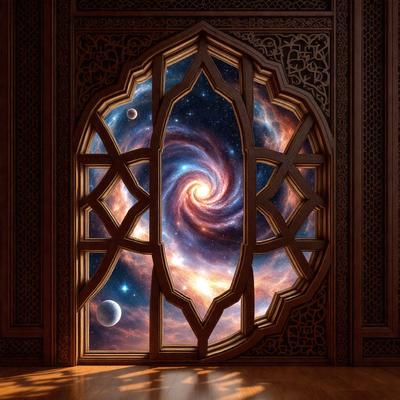 The primary subject of the image is a door with a stained glass window. The setting is a room with a wooden floor. The visual style is a combination of photo and digital art, creating a unique and intricate design. The colors and mood are vibrant and lively, with a focus on the spiral galaxy and the planets.